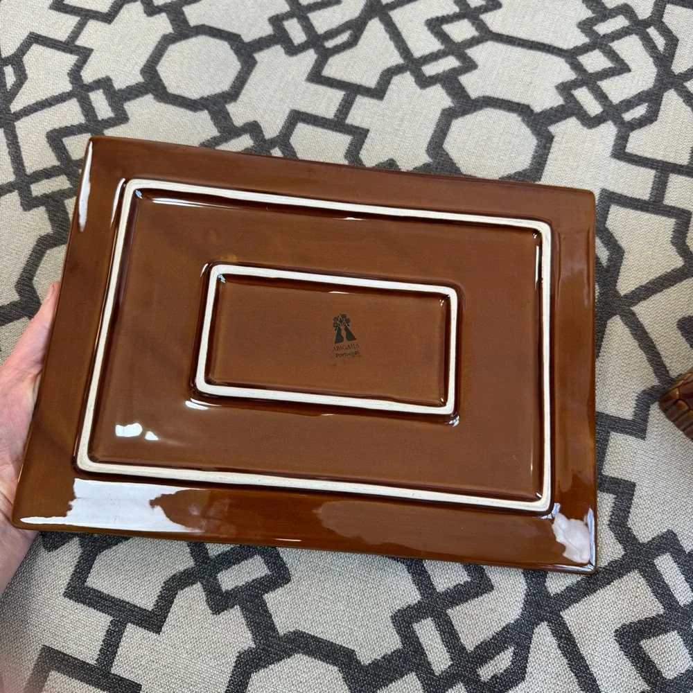 Abigails Portugal Brown Ceramic Cheese Dish Majolica Mouse Cats Lid Tray Artisan